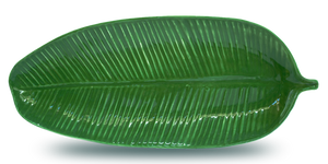 Large handmade rich green glazed porcelain banana leaf shaped and textured dinnerware platter for dining and entertaining, serving, table centerpieces, and wall decor.