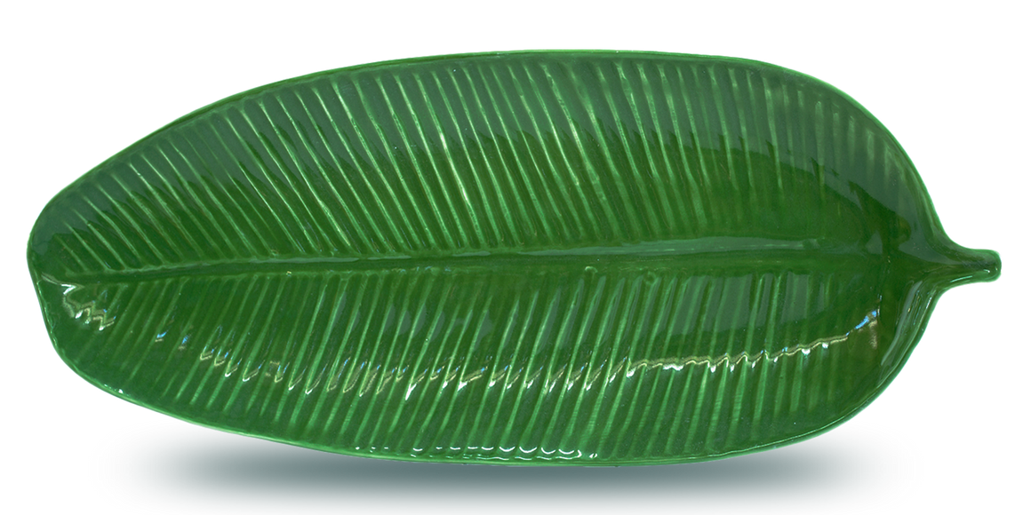 Large handmade white porcelain banana leaf shaped and textured dinnerware platter for dining and entertaining, serving, table centerpieces, and wall decor.